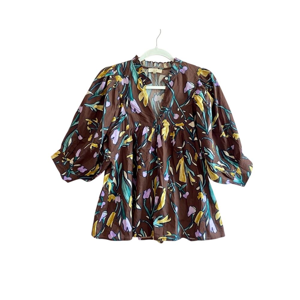 Entro Boho 100% Cotton V-Neck Floral Espresso Print Poplin Quarter Sleeve Top